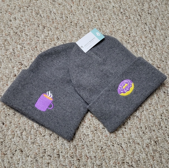 Coffee Donuts Couple Beanies Matching BFF Valentine Gift Set Of 2 Hats NEW - Picture 1 of 12